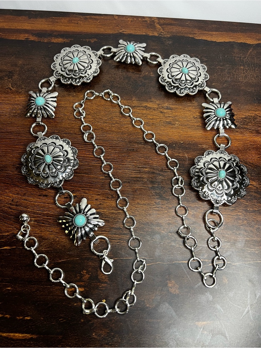 Turquoise Concho Belt Necklace - Silver Tone Women's Jewelry
